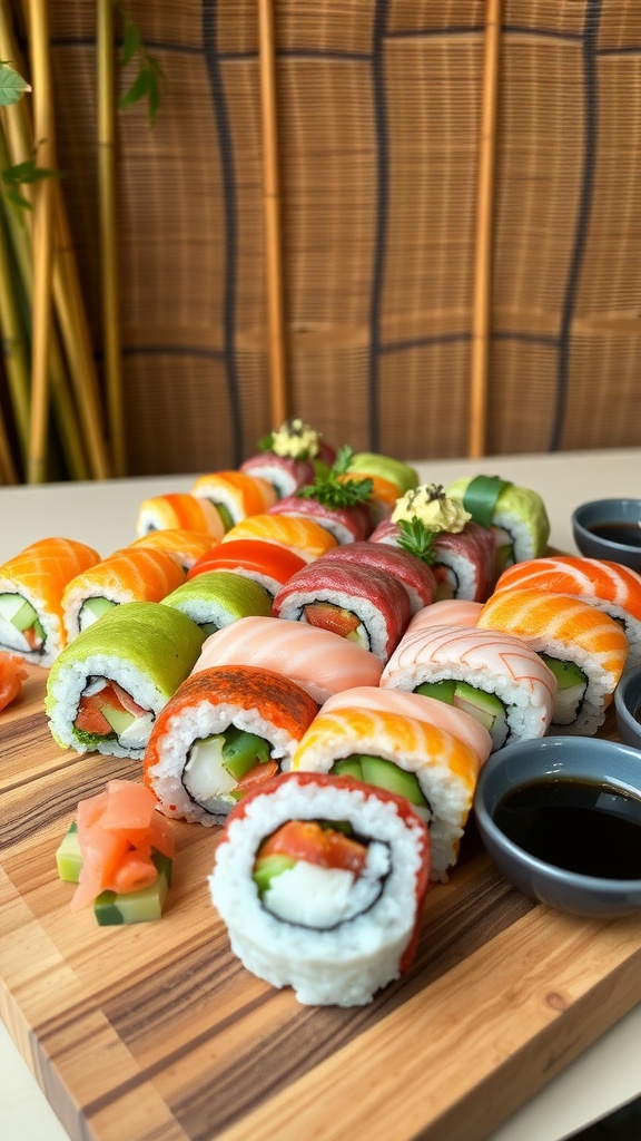 An elegant assortment of homemade sushi rolls on a wooden board, served with soy sauce, wasabi, and pickled ginger.